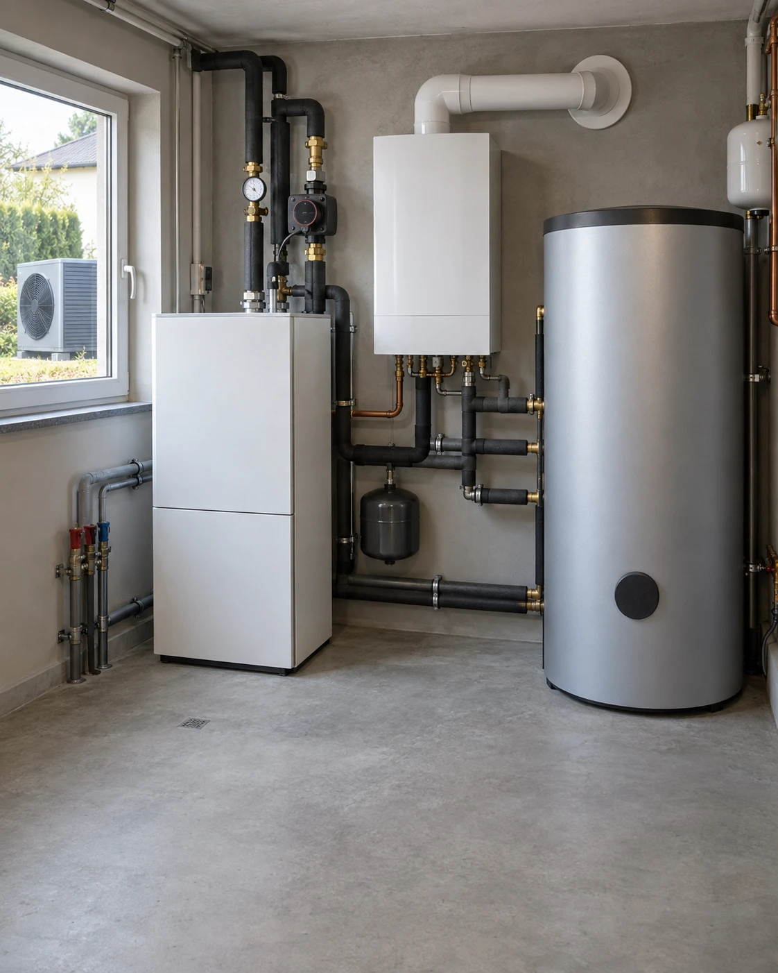 Markenfreie Hybridheizung mit Wärmepumpenmodul, Zusatzkessel und Speicher im Heizraum